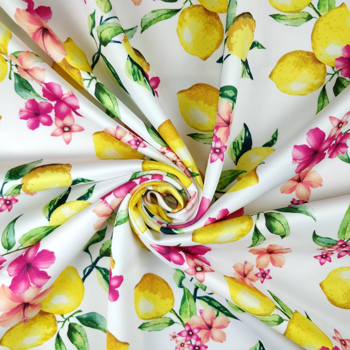 FS295 Lemon Floral Scuba Stretch Knit Fabric White & Black | Fabric | Black, Blue, Fabric, Floral, Flower, Flowers, Fruit, Garden, Leaf, Lemon, Lemons, Light, Mint, Petal, Pink, Scuba, Summer, White, Yellow | Fabric Styles