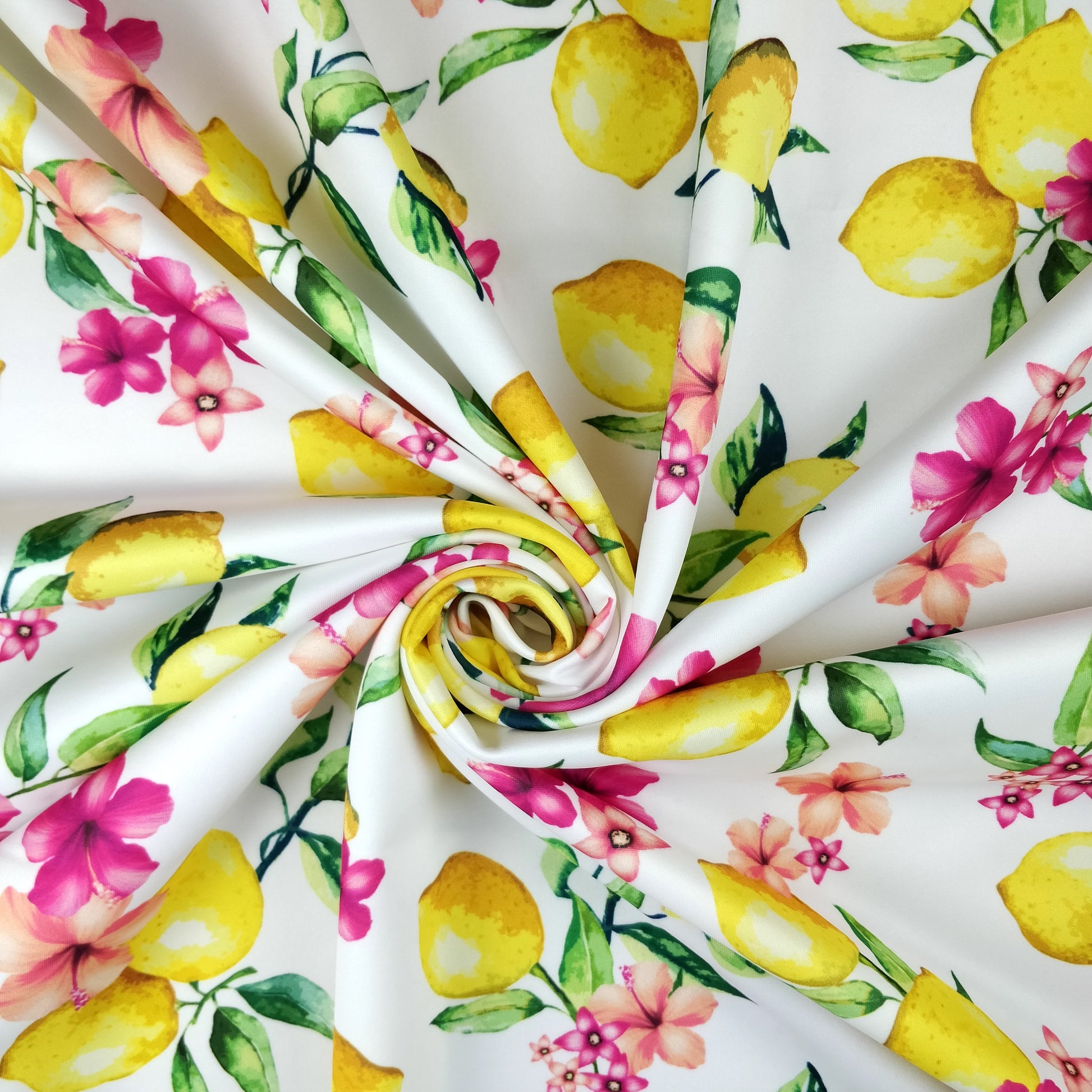 FS295 Lemon Floral Scuba Stretch Knit Fabric White & Black | Fabric | Black, Blue, Fabric, Floral, Flower, Flowers, Fruit, Garden, Leaf, Lemon, Lemons, Light, Mint, Petal, Pink, Scuba, Summer, White, Yellow | Fabric Styles