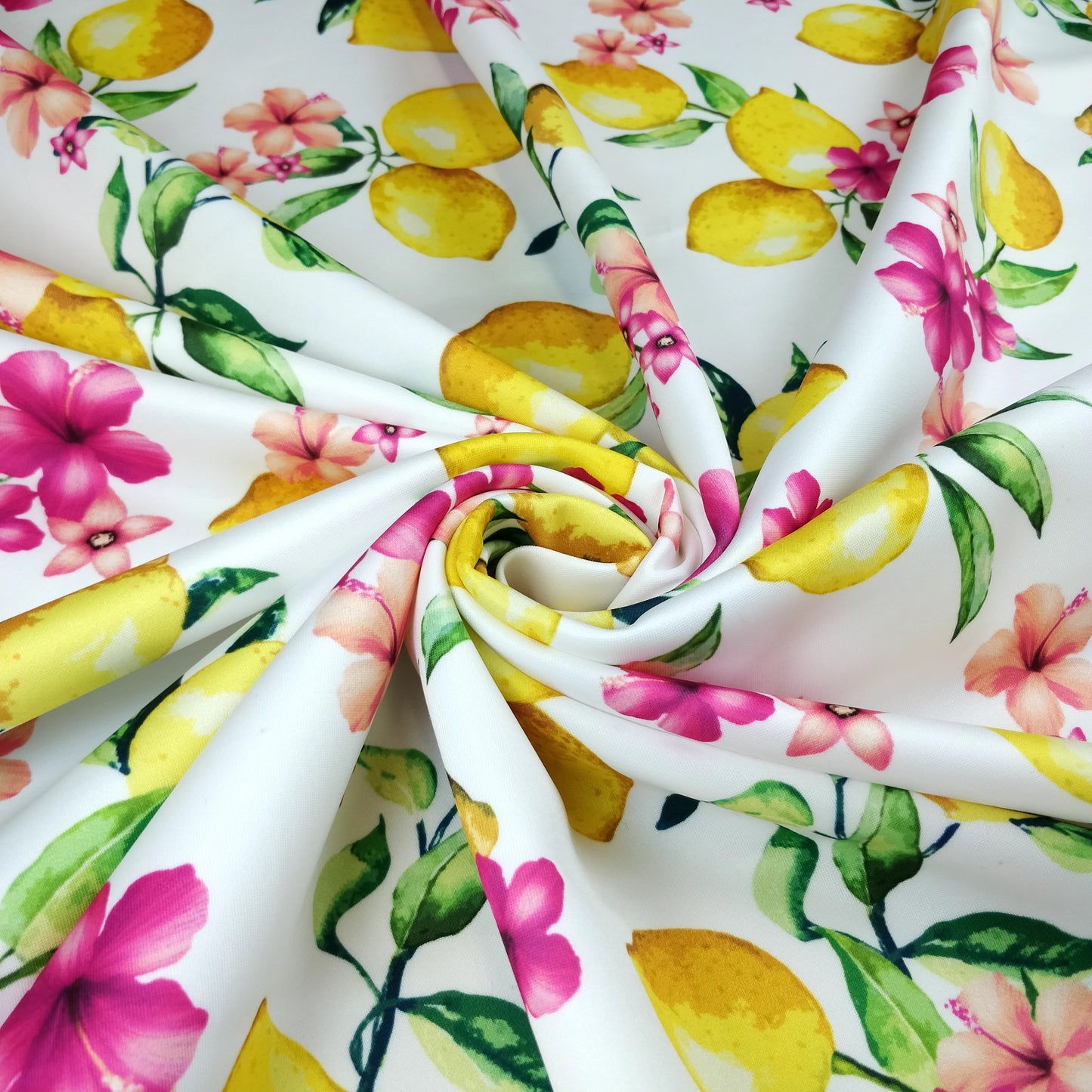 FS295 Lemon Floral Scuba Stretch Knit Fabric White & Black | Fabric | Black, Blue, Fabric, Floral, Flower, Flowers, Fruit, Garden, Leaf, Lemon, Lemons, Light, Mint, Petal, Pink, Scuba, Summer, White, Yellow | Fabric Styles