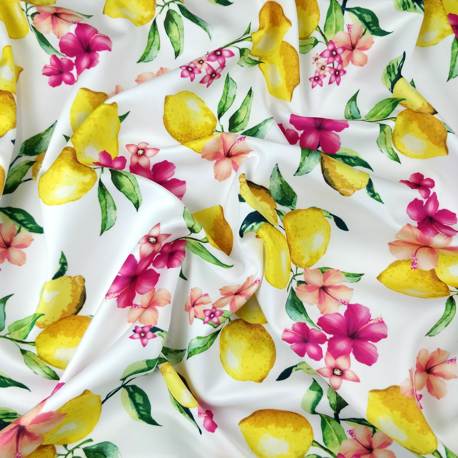 FS295 Lemon Floral Scuba Stretch Knit Fabric White & Black | Fabric | Black, Blue, Fabric, Floral, Flower, Flowers, Fruit, Garden, Leaf, Lemon, Lemons, Light, Mint, Petal, Pink, Scuba, Summer, White, Yellow | Fabric Styles