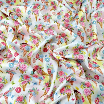 FS257_1 Vintage Icecream Cone Floral Donuts | Fabric | Children, cone, Donut, Donuts, Doughnut, Dress making, Fabric, fashion fabric, Floral, Flower, Flowers, Icecream cone, jersey, Kid, Kids, making, Polyester, Scuba, sewing, Stretchy, Vintage | Fabric Styles