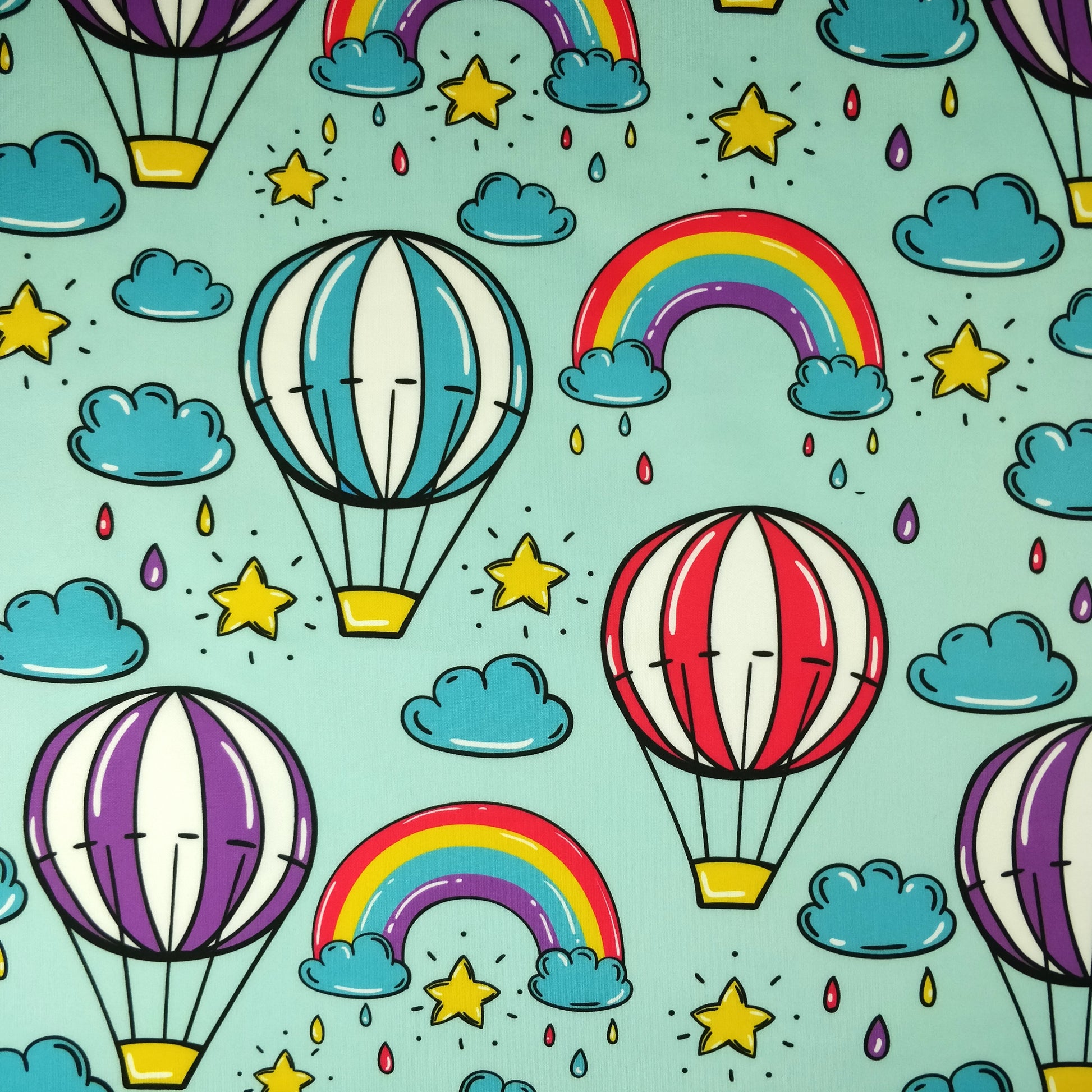 FS256 Funfair Hot Air Balloon | Fabric | Air Balloon, Blue, Child, Children, Childrens, Cloud, Clouds, Exclusive, Fabric, fashion fabric, Funfair, High Fashion, Hot Air Balloon, Kid, kids, Rain, Rain Drops, Rainbow, Scuba, Star | Fabric Styles