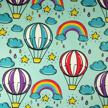 FS256 Funfair Hot Air Balloon | Fabric | Air Balloon, Blue, Child, Children, Childrens, Cloud, Clouds, Exclusive, Fabric, fashion fabric, Funfair, High Fashion, Hot Air Balloon, Kid, kids, Rain, Rain Drops, Rainbow, Scuba, Star | Fabric Styles