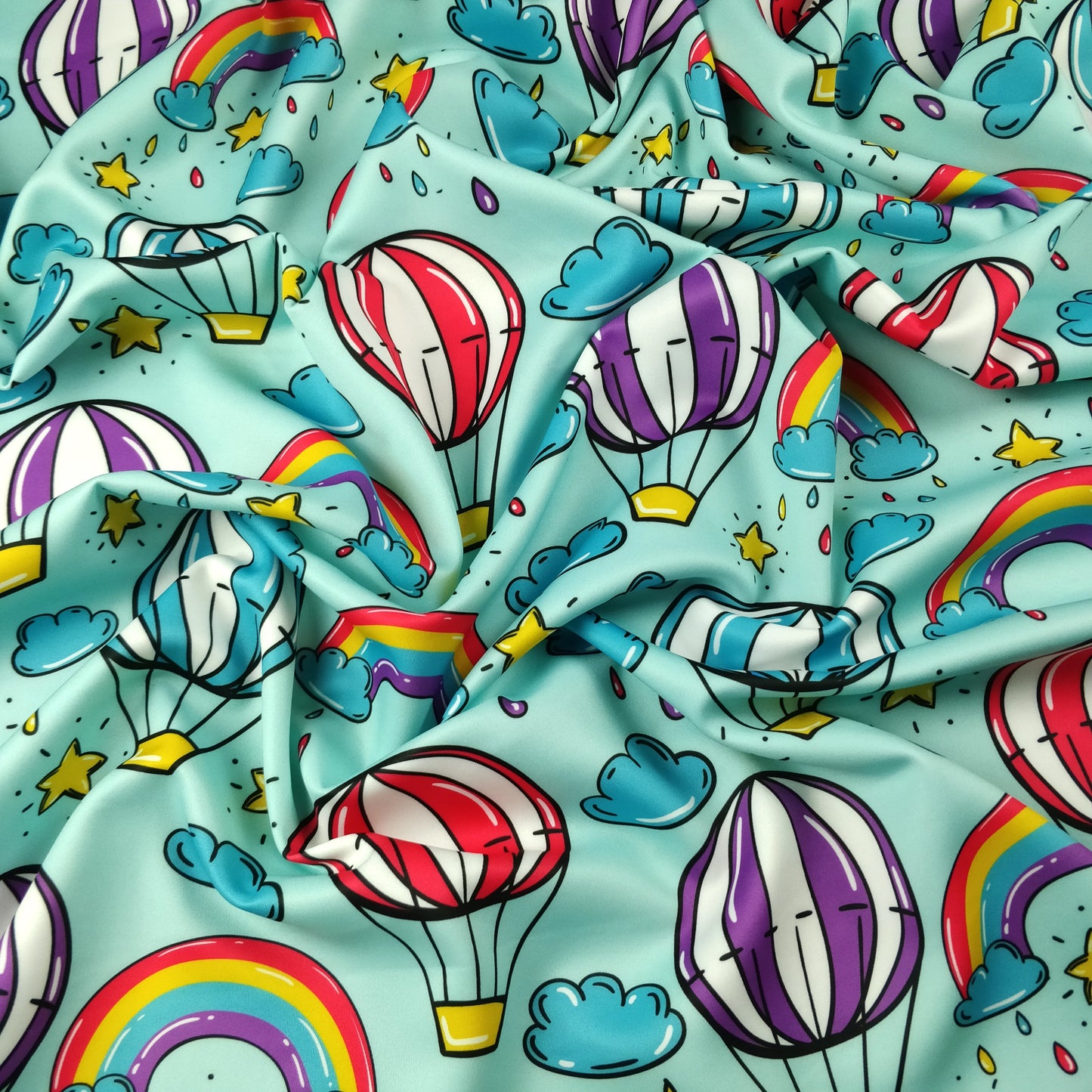 FS256 Funfair Hot Air Balloon | Fabric | Air Balloon, Blue, Child, Children, Childrens, Cloud, Clouds, Exclusive, Fabric, fashion fabric, Funfair, High Fashion, Hot Air Balloon, Kid, kids, Rain, Rain Drops, Rainbow, Scuba, Star | Fabric Styles