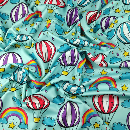 FS256 Funfair Hot Air Balloon | Fabric | Air Balloon, Blue, Child, Children, Childrens, Cloud, Clouds, Exclusive, Fabric, fashion fabric, Funfair, High Fashion, Hot Air Balloon, Kid, kids, Rain, Rain Drops, Rainbow, Scuba, Star | Fabric Styles