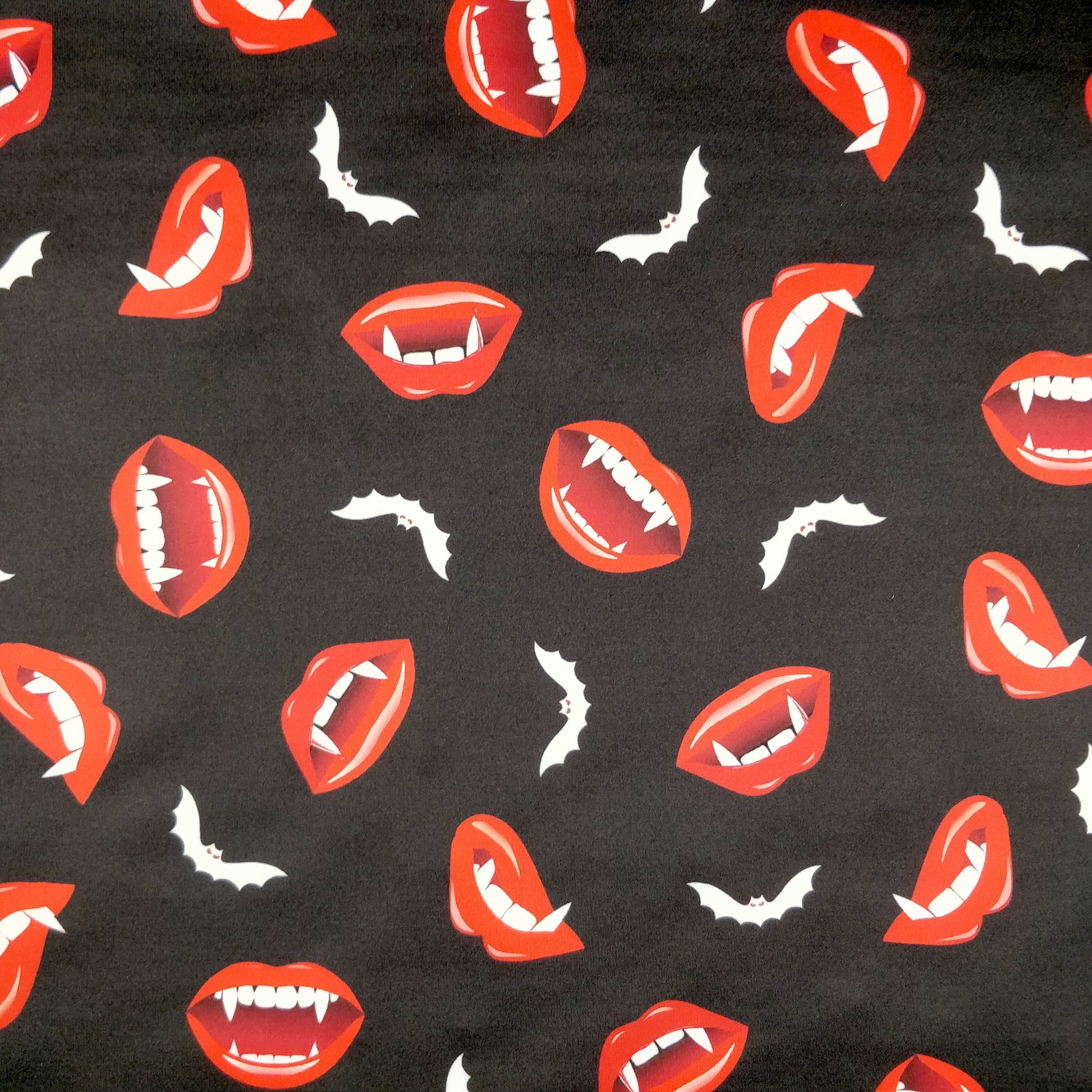 FS322 Vampire and Bats Scuba Stretch Knit Fabric Black | Fabric | Bat, Bats, Fabric, Halloween, Lips, Polyester, scuba, Spooky, Square, stretch, Stretchy, Teeth | Fabric Styles