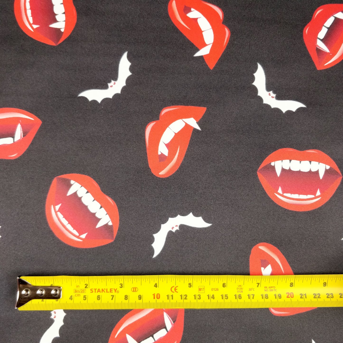 FS322 Vampire and Bats Scuba Stretch Knit Fabric Black | Fabric | Bat, Bats, Fabric, Halloween, Lips, Polyester, scuba, Spooky, Square, stretch, Stretchy, Teeth | Fabric Styles