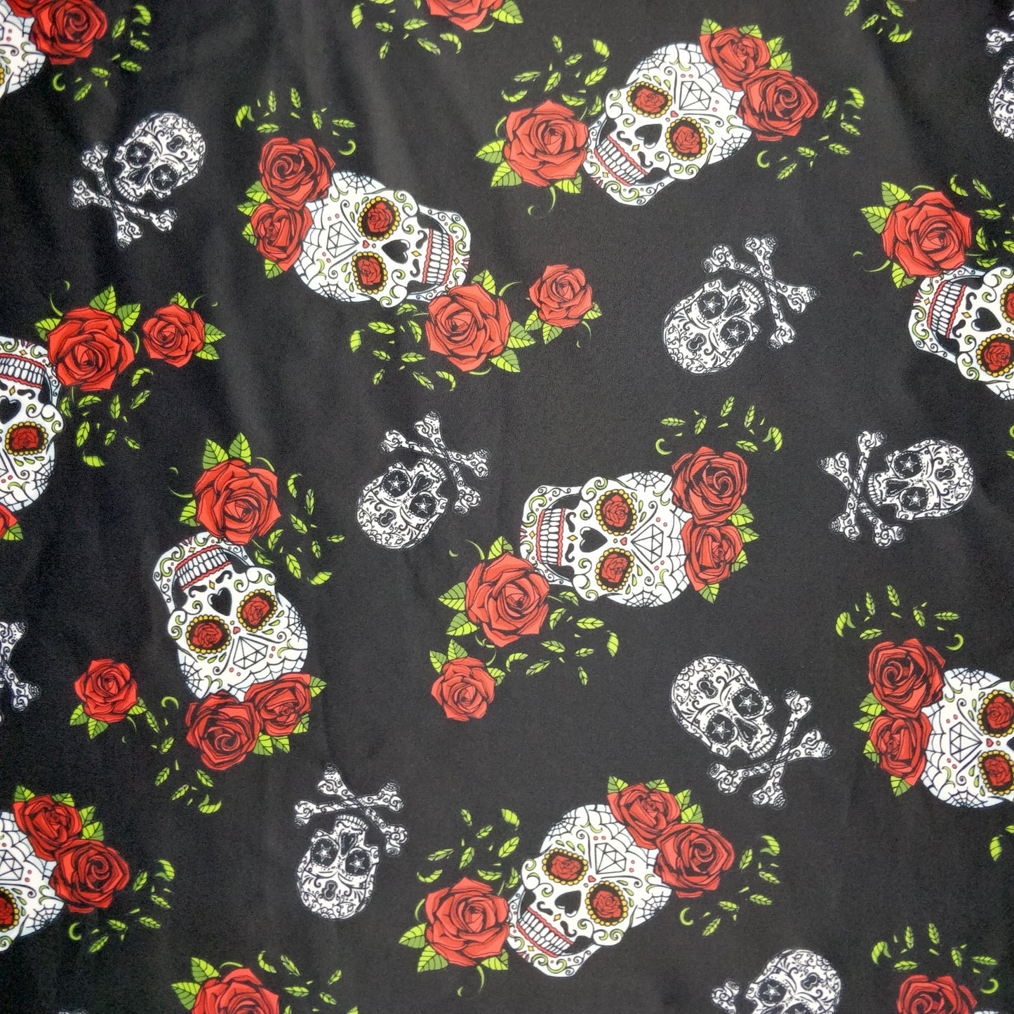 FS343 Skull and Roses | Fabric | Bones, check, Fabric, fashion fabric, Floral, Floral Leopard, Flower, Flowers, Red Roses, Rose, Roses, Scuba, Skull, Skulls | Fabric Styles