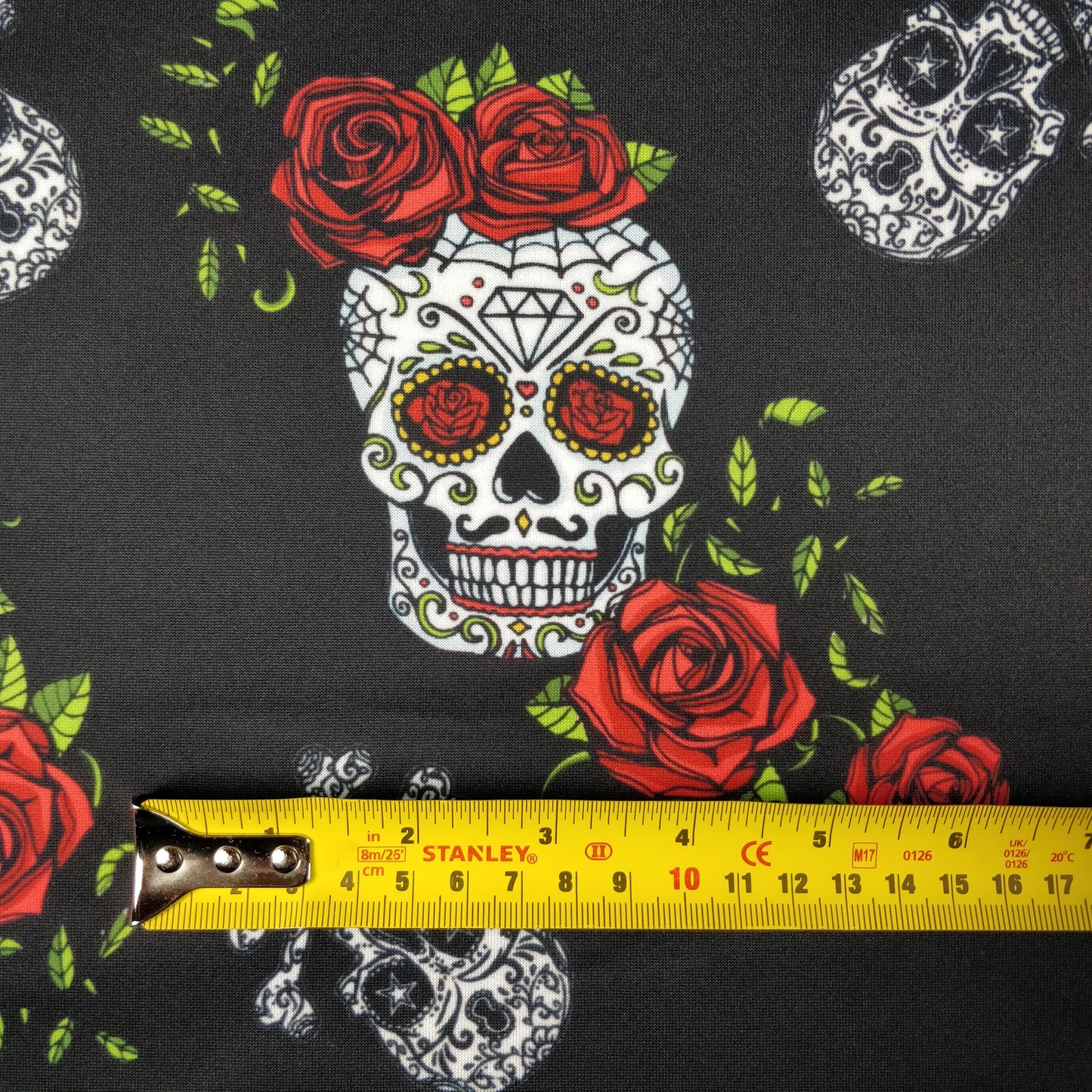 FS343 Skull and Roses | Fabric | Bones, check, Fabric, fashion fabric, Floral, Floral Leopard, Flower, Flowers, Red Roses, Rose, Roses, Scuba, Skull, Skulls | Fabric Styles