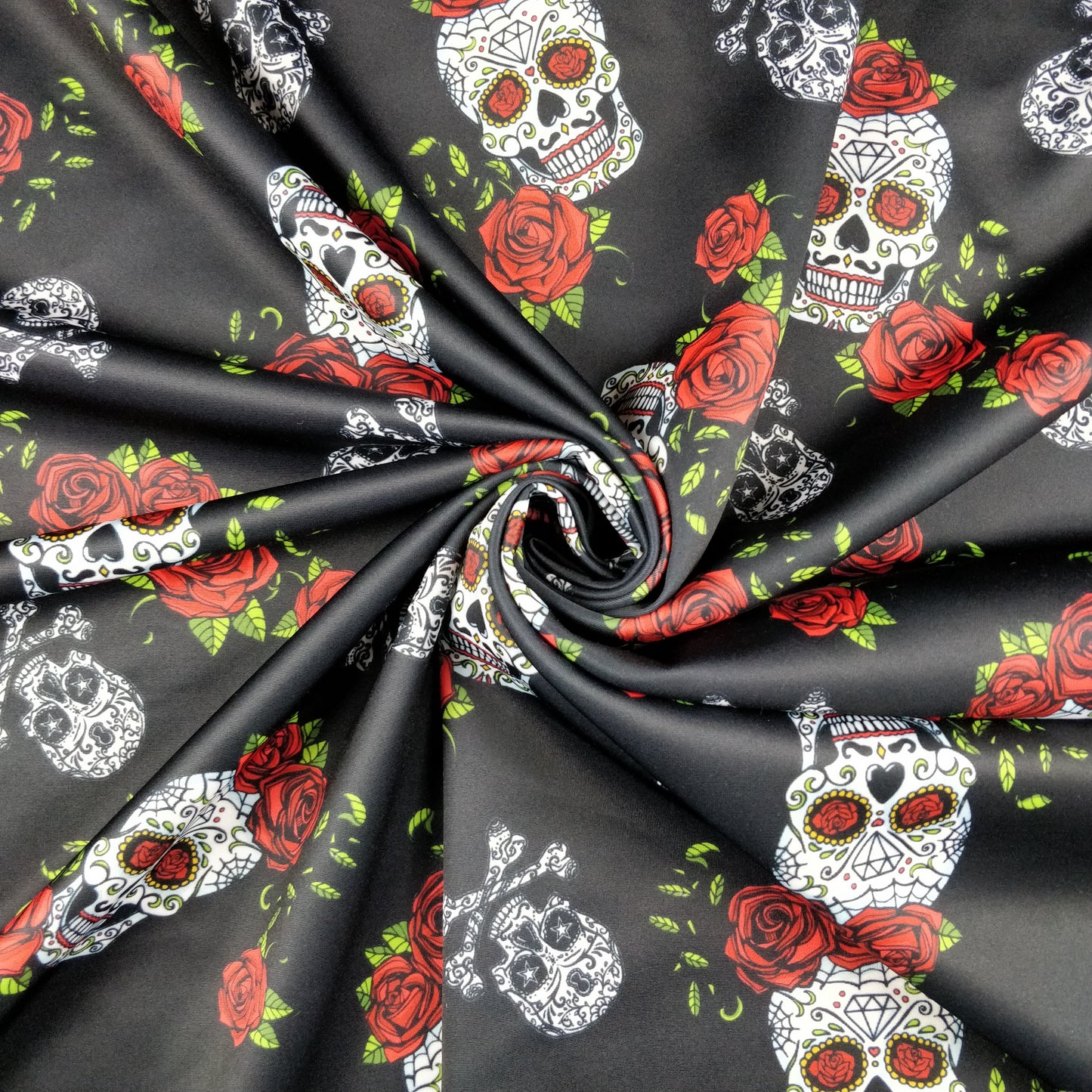 FS343 Skull and Roses | Fabric | Bones, check, Fabric, fashion fabric, Floral, Floral Leopard, Flower, Flowers, Red Roses, Rose, Roses, Scuba, Skull, Skulls | Fabric Styles