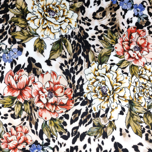 FS364 Leopard Floral | Fabric | Animal, Babywear, Dress making, Fabric, fashion fabric, Floral, Flower, Flowers, jersey, Leopard, Rompers, Scuba, Skirt, Stretch, Stretchy, Trousers | Fabric Styles