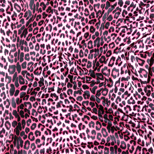 FS005_3 Pink Leopard | Fabric | Animal, Animals, Cheetah, elastane, Fabric, fashion fabric, jersey, Leopard, making, Pink, Polyester, Scuba, sewing, Skirt, Spotted, Spun Polyester, Stretchy, velvet | Fabric Styles