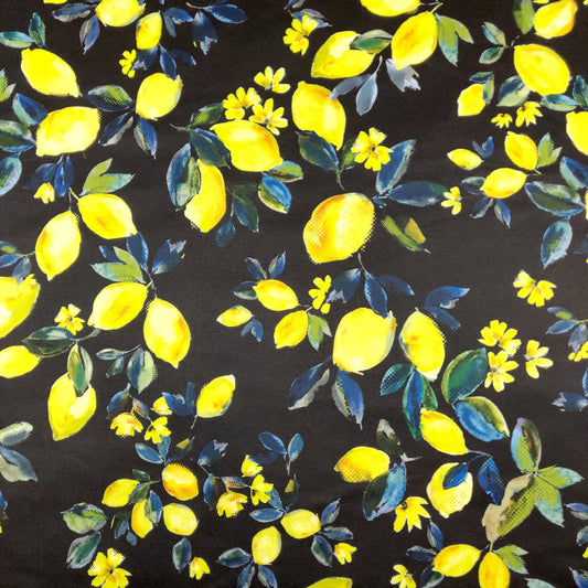 FS294 Amalfi Lemons | Fabric | Black, Blue, elastane, Fabric, fashion fabric, Floral, Fruit, Fruits, Garden, jersey, Leaf, Lemon, Lemons, Light, making, Mint, Polyester, Scuba, sewing, Skirt, Stretchy, Summer, Yellow | Fabric Styles