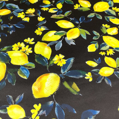 FS294 Amalfi Lemons | Fabric | Black, Blue, elastane, Fabric, fashion fabric, Floral, Fruit, Fruits, Garden, jersey, Leaf, Lemon, Lemons, Light, making, Mint, Polyester, Scuba, sewing, Skirt, Stretchy, Summer, Yellow | Fabric Styles