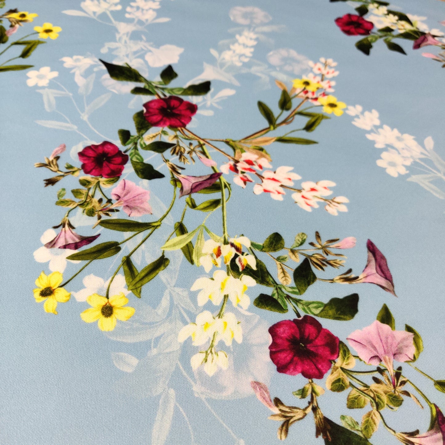 FS398 Blue Lagoon | Fabric | Blue, Dress making, dressmaking, elastane, fabric, fabrics, fashion fabric, floral, Flower, flowers, green, High Fashion, jersey, khaki, leggings, Light, making, poly, polyester, scuba, scuba fabric, sewing, skirt, Stretch, stretchy, Summer | Fabric Styles