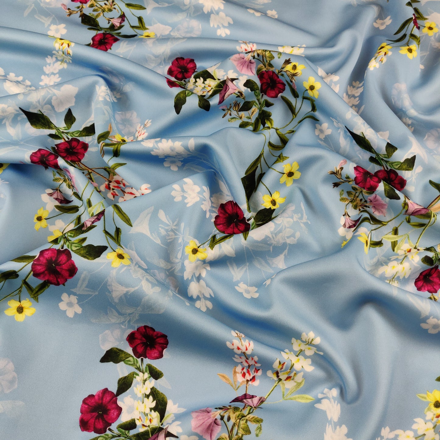 FS398 Blue Lagoon | Fabric | Blue, Dress making, dressmaking, elastane, fabric, fabrics, fashion fabric, floral, Flower, flowers, green, High Fashion, jersey, khaki, leggings, Light, making, poly, polyester, scuba, scuba fabric, sewing, skirt, Stretch, stretchy, Summer | Fabric Styles