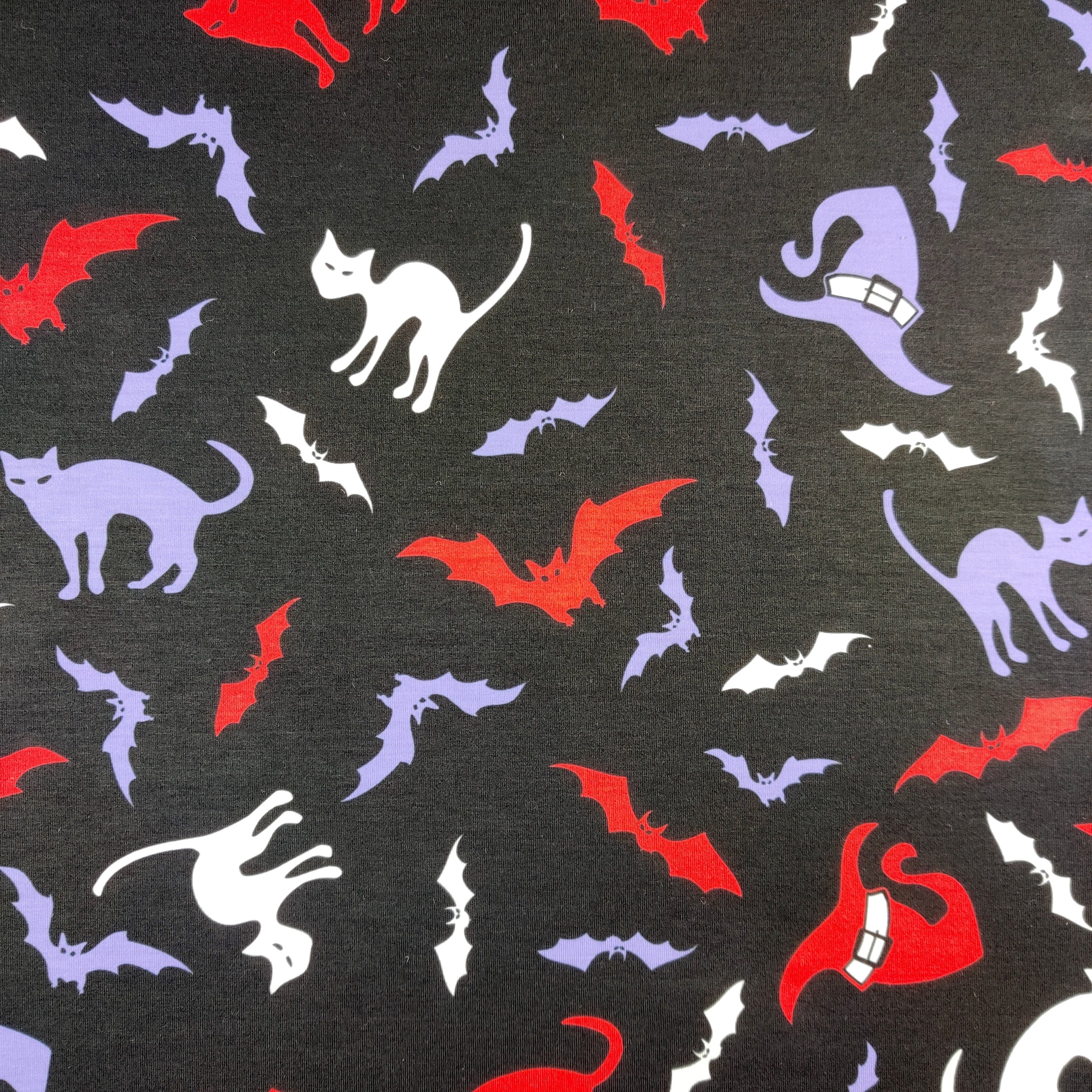 FS712 Halloween Cats and Bats Spun Polyester Jersey Knit Stretch Fabric Black Half Metre Pre cut