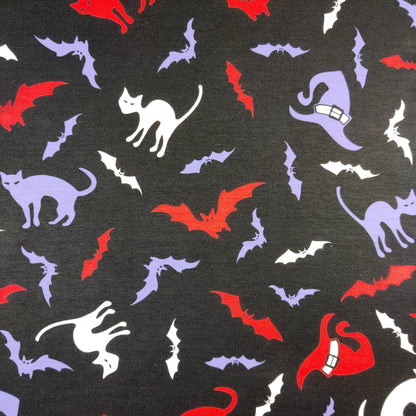 FS712 Halloween Cats and Bats Spun Polyester Jersey Knit Stretch Fabric Black | Fabric | Bat, Bats, Cat, Cats, Fabric, Ghost, Halloween, HalloweenBulk, Hat, Haunted, Pumpkin, Scary, Skull, Skulls, spider, Spun Polyester, Spun Polyester Elastane, Teeth, Vampire, Web, Webs, Witch Hat | Fabric Styles