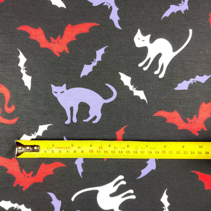 FS712 Halloween Cats and Bats Spun Polyester Jersey Knit Stretch Fabric Black | Fabric | Bat, Bats, Cat, Cats, Fabric, Ghost, Halloween, HalloweenBulk, Hat, Haunted, Pumpkin, Scary, Skull, Skulls, spider, Spun Polyester, Spun Polyester Elastane, Teeth, Vampire, Web, Webs, Witch Hat | Fabric Styles