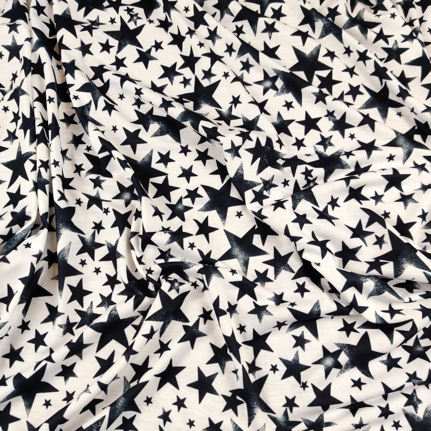 FS414_2 Black Stars | Fabric | Baby, Boys, Child, Children, drape, Fabric, fashion fabric, Kid, Kids, sewing, Spun Polyester Elastane, Star, Starry, Stars, Stretchy | Fabric Styles