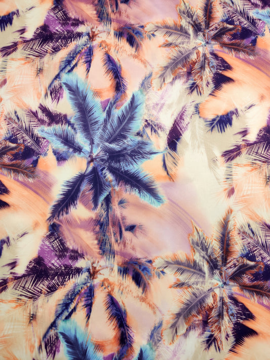 FS277 Tropical Palm Tree | Fabric | Blue Tree, Fabric, fashion fabric, Floral, Flowers, High Fashion, Orange, Palm, Palm Leaves, Palm Tree, Palm Trees, Purple, Sale, Scuba, Tropical | Fabric Styles