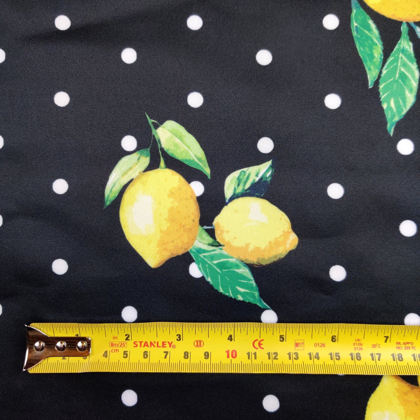 FS443 Lemon Polka Dots | Fabric | Black, drape, Fabric, fashion fabric, Fruit, Fruits, Lemon, Lemons, Polka, Polka Dot, Polka Dots, Scuba, sewing, Stretchy, White | Fabric Styles