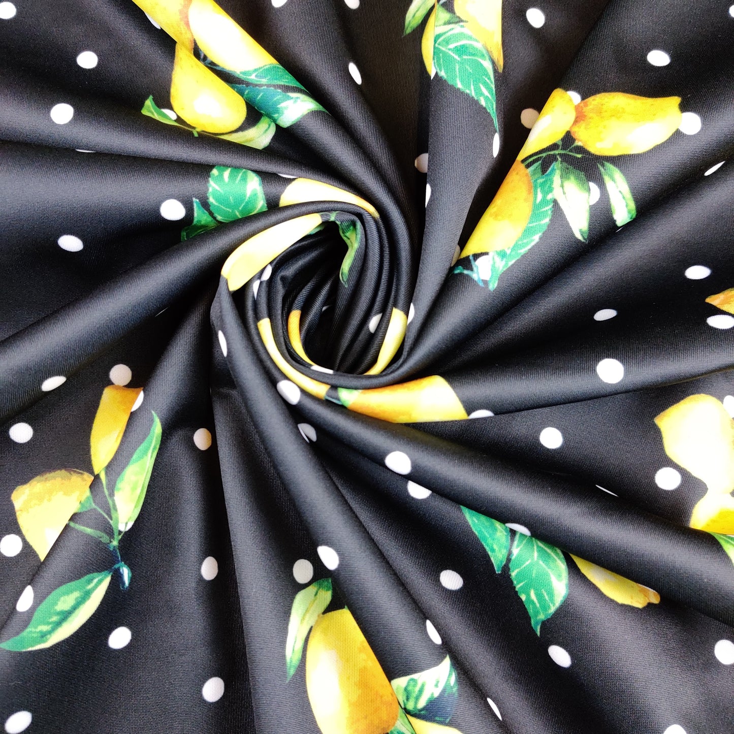 FS443 Lemon Polka Dots | Fabric | Black, drape, Fabric, fashion fabric, Fruit, Fruits, Lemon, Lemons, Polka, Polka Dot, Polka Dots, Scuba, sewing, Stretchy, White | Fabric Styles