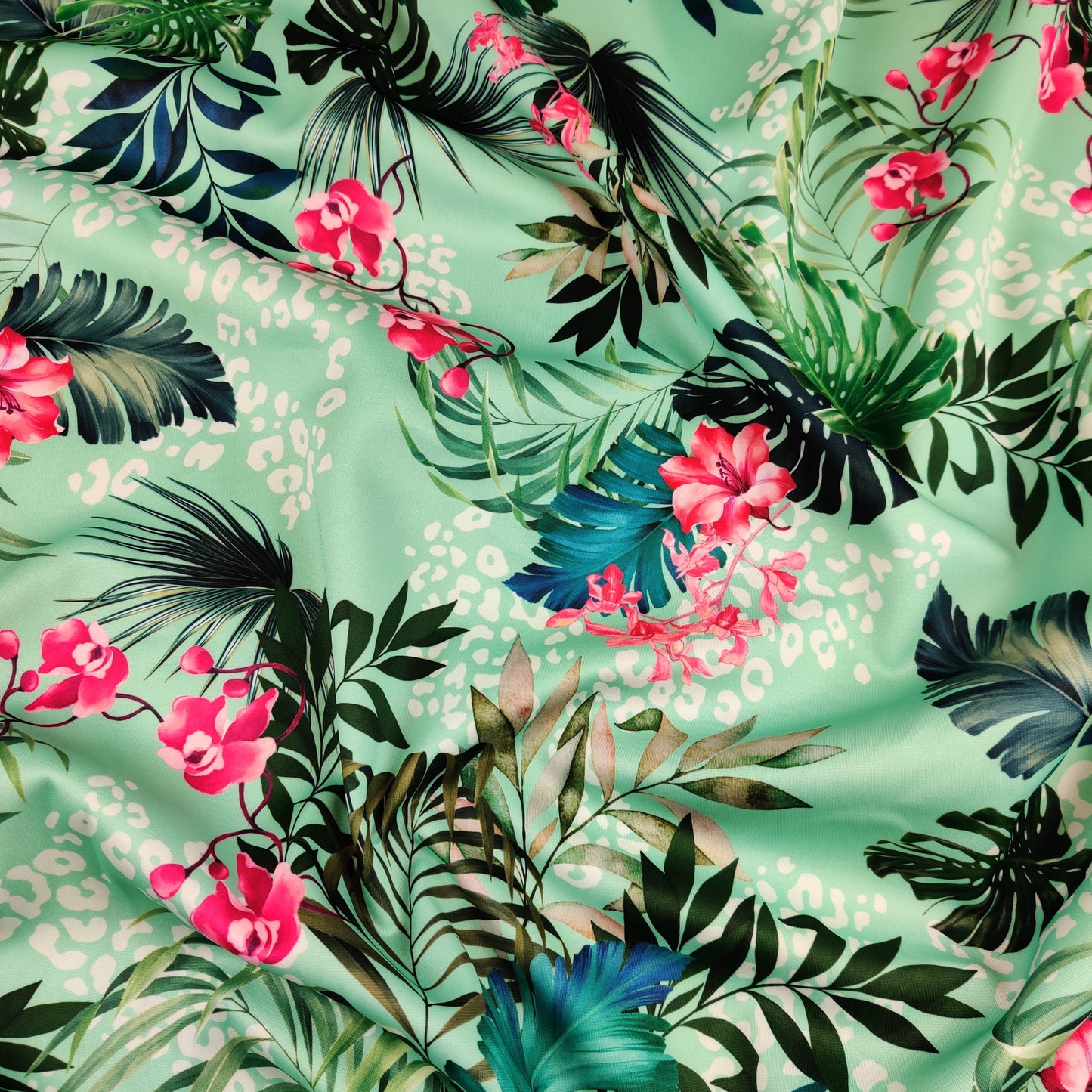 FS471_1 Hawaii Tropical | Fabric | drape, Fabric, fashion fabric, Floral, Floral Leopard, Flower, FS471, Green, Hawaii, Leopard, Leopards, Mint, Orange, palm, Scuba, sewing, Stretchy, Tropical | Fabric Styles