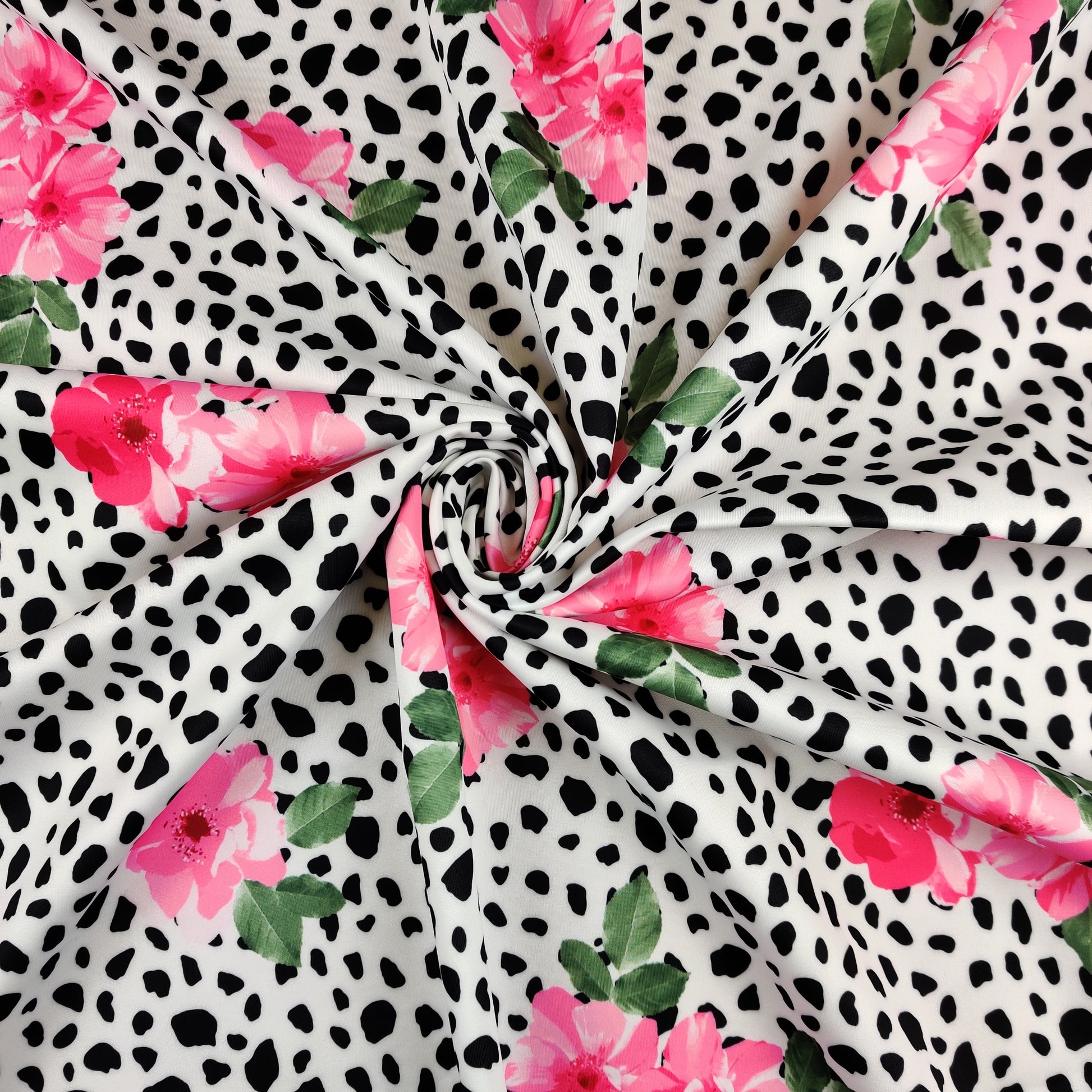 FS440 Dalmatian Floral | Fabric | Animal, Dalmatian, drape, Fabric, fashion fabric, Floral, Flower, Nude, Scuba, sewing, Stretchy | Fabric Styles