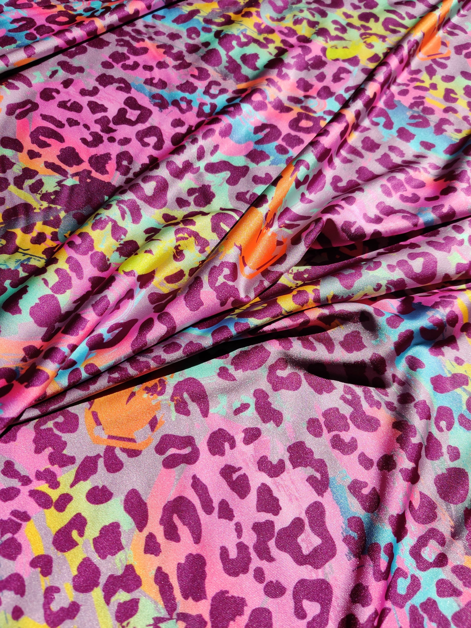 FS162 Leopard Paint Spandex Fabric | Fabric | Animal, drape, Exclusive, Fabric, fashion fabric, jersey, Leopard, making, Multi Colour, paint, Pink, Purple, sewing, Spandex, sportswear, Stretchy, swim, Swimwear | Fabric Styles