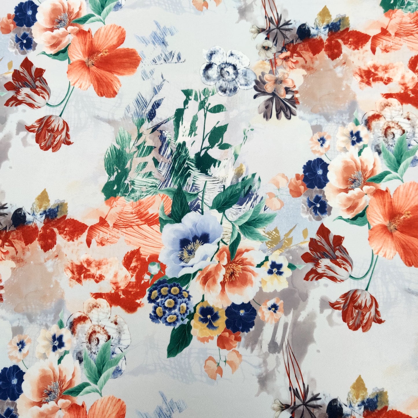 FS561 Tie Dye Floral | Fabric | drape, Fabric, fashion fabric, Floral, Flower, Leaf, Leaves, Lemons, Marcella, Orange, SALE, sewing, Stretchy, Valentino | Fabric Styles