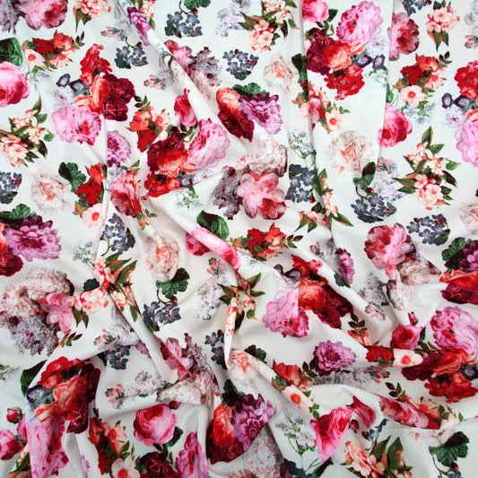 FS1155 Peony World Fabric Ponte Stretch Fabric ivory | Fabric | fabric, floral, Ivory, Pink, ponte | Fabric Styles