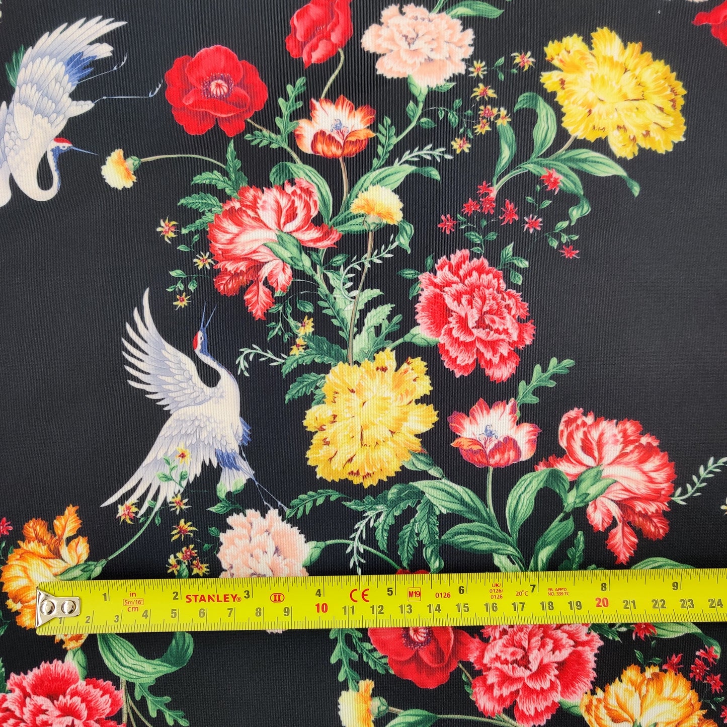 FS527 Black Oriental Swan | Fabric | bird, black, drape, Eagle, Fabric, fashion fabric, Floral, Flower, Scuba, sewing, Stretchy, swan | Fabric Styles