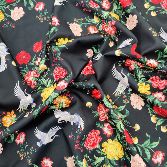 FS527 Black Oriental Swan | Fabric | bird, black, drape, Eagle, Fabric, fashion fabric, Floral, Flower, Scuba, sewing, Stretchy, swan | Fabric Styles