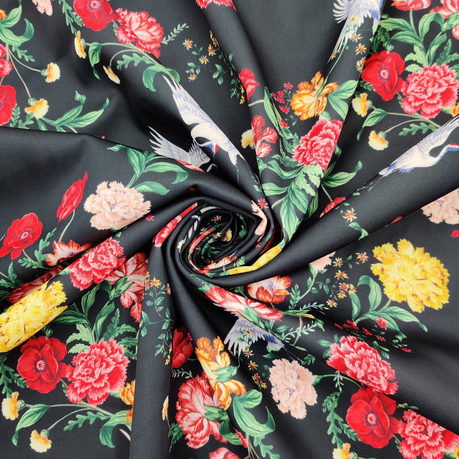 FS527 Black Oriental Swan | Fabric | bird, black, drape, Eagle, Fabric, fashion fabric, Floral, Flower, Scuba, sewing, Stretchy, swan | Fabric Styles