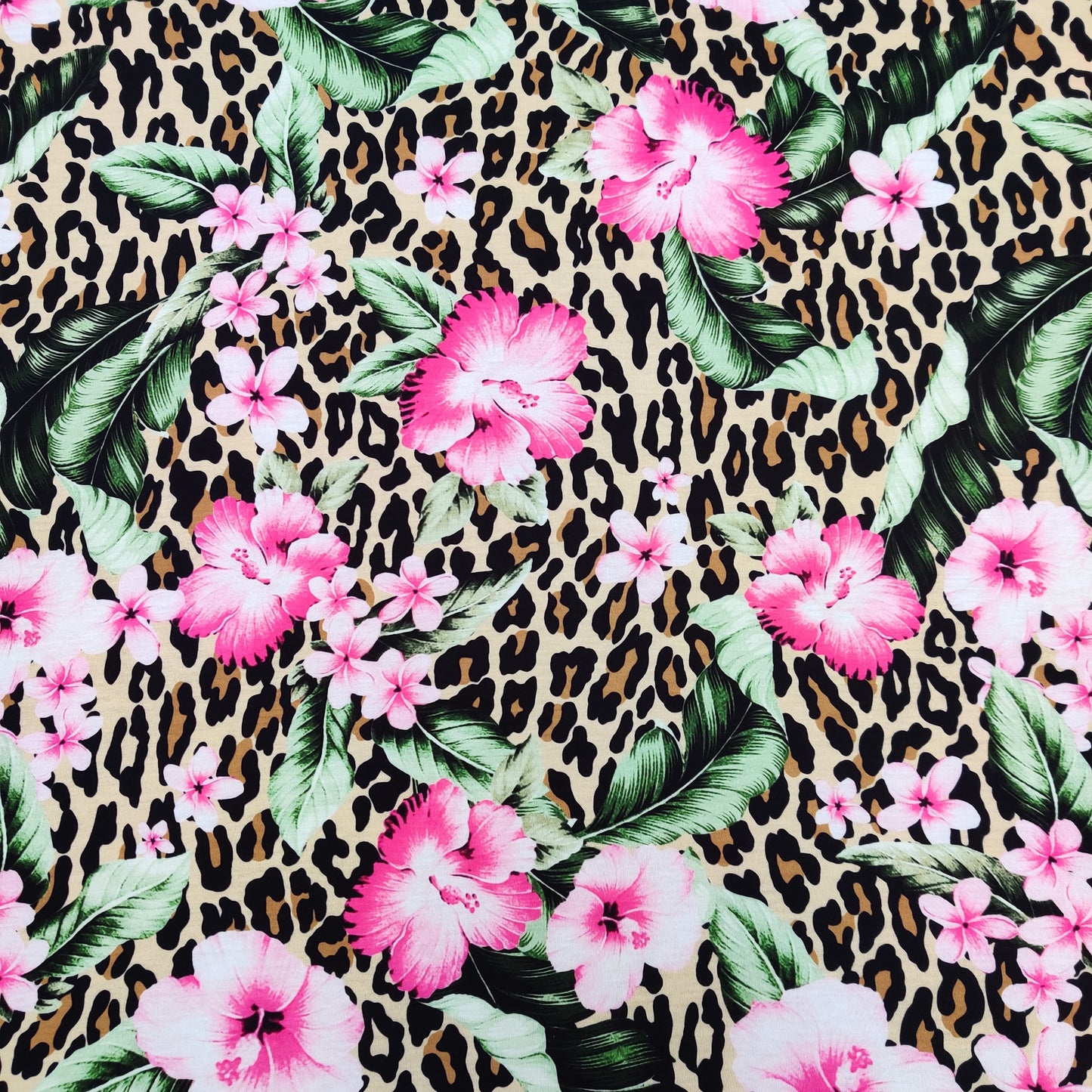 FS520 Tropical Floral Leopard | Fabric | Animal, Animals, drape, Fabric, fashion fabric, Floral, Floral Leopard, Flower, Leopard, Leopards, sewing, spun poly, Spun Polyester, Spun Polyester Elastane, Stretchy | Fabric Styles