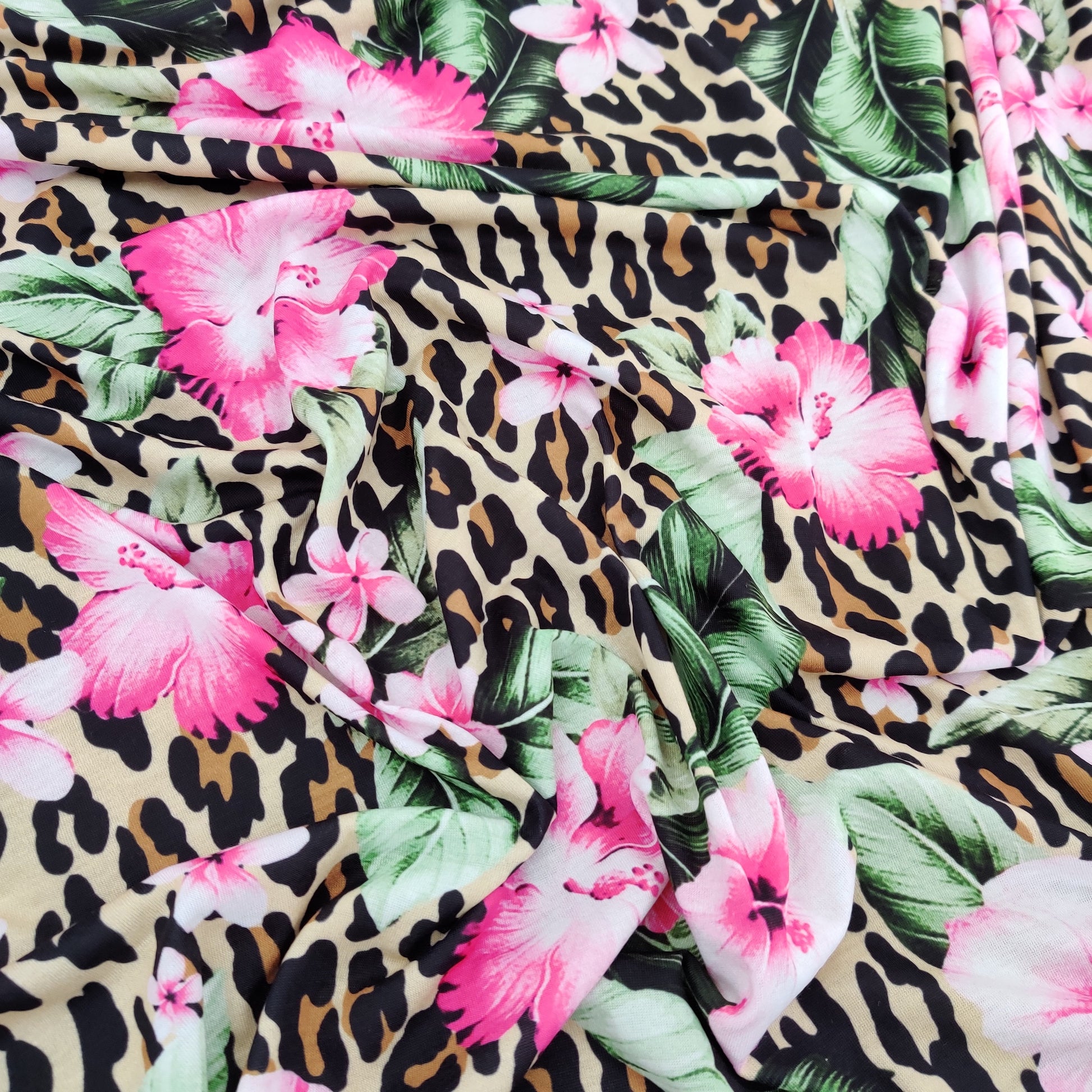 FS520 Tropical Floral Leopard | Fabric | Animal, Animals, drape, Fabric, fashion fabric, Floral, Floral Leopard, Flower, Leopard, Leopards, sewing, spun poly, Spun Polyester, Spun Polyester Elastane, Stretchy | Fabric Styles