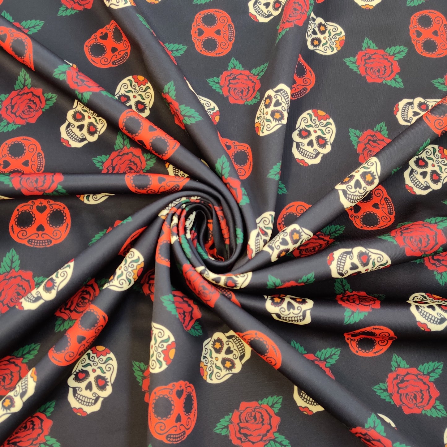 FS550 Skulls Rose Scuba Stretch Knit Fabric Black | Fabric | Bones, check, Fabric, fashion fabric, Floral, Floral Leopard, Flower, Flowers, Halloween, Red Roses, Rose, Roses, Scuba, Skull, Skulls | Fabric Styles