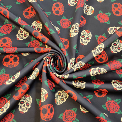 FS550 Skulls Rose Scuba Stretch Knit Fabric Black | Fabric | Bones, check, Fabric, fashion fabric, Floral, Floral Leopard, Flower, Flowers, Halloween, Red Roses, Rose, Roses, Scuba, Skull, Skulls | Fabric Styles