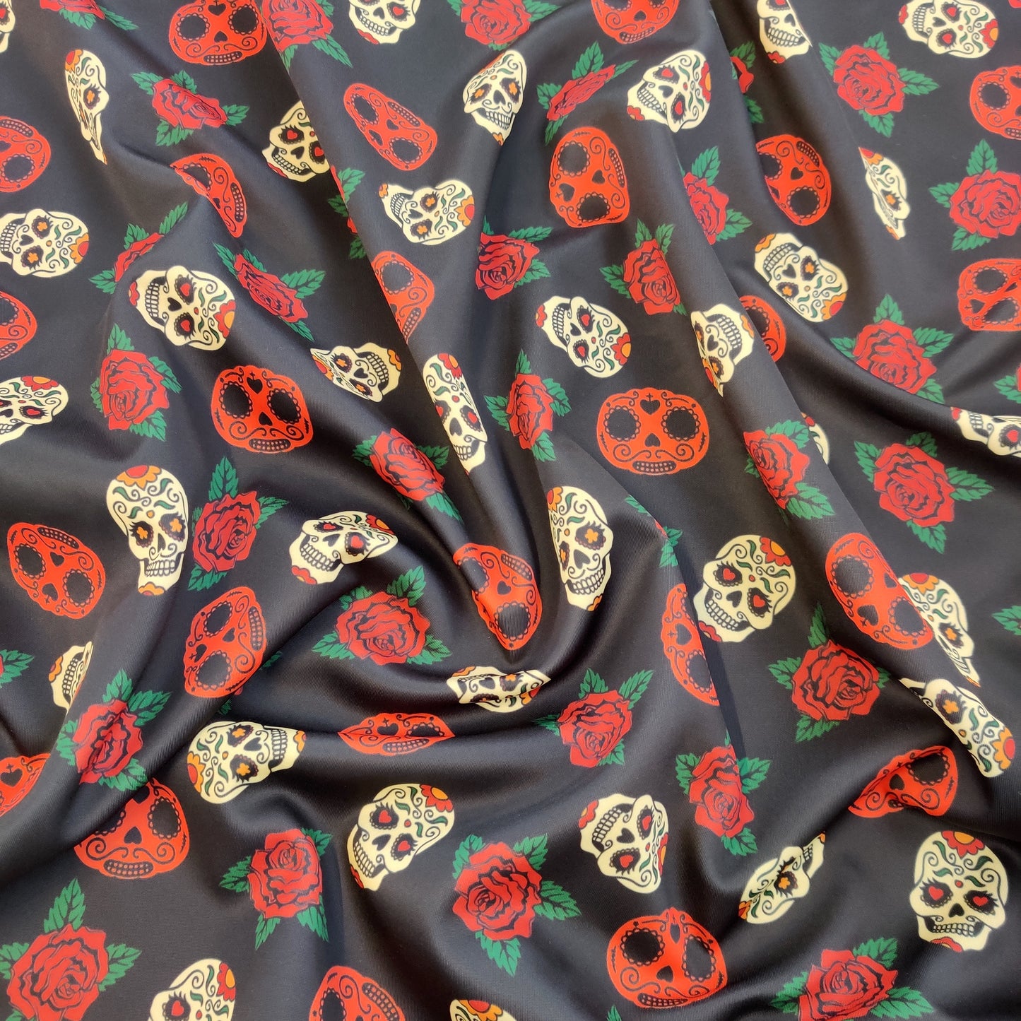 FS550 Skulls Rose Scuba Stretch Knit Fabric Black | Fabric | Bones, check, Fabric, fashion fabric, Floral, Floral Leopard, Flower, Flowers, Halloween, Red Roses, Rose, Roses, Scuba, Skull, Skulls | Fabric Styles