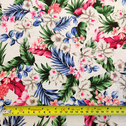 FS532_1 White Floral | Fabric | drape, Fabric, fashion fabric, Floral, FS133, Green, jersey, making, Orange, Palm, sewing, spun polyester, Spun Polyester Elastane, stretch, Stretchy, Tropical | Fabric Styles