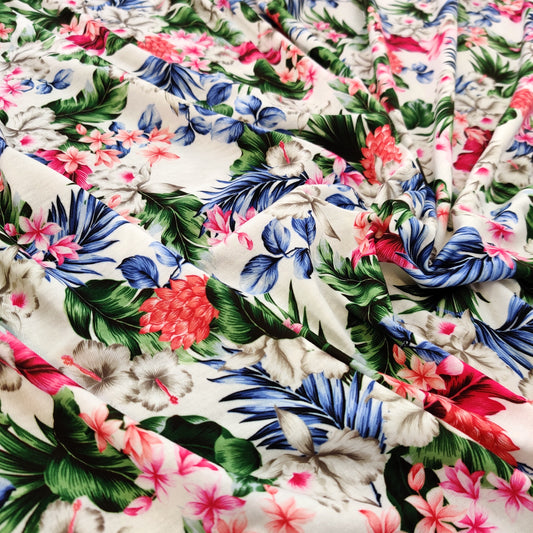 FS532_1 White Floral | Fabric | drape, Fabric, fashion fabric, Floral, FS133, Green, jersey, making, Orange, Palm, sewing, spun polyester, Spun Polyester Elastane, stretch, Stretchy, Tropical | Fabric Styles