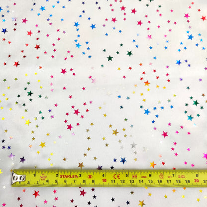 FS594 Multi Star Foil | Fabric | Animal, blue, drape, elastane, Fabric, fashion fabric, Foil, FS580, jersey, Leopard, Limited, making, Pink, Polyester, purple, Rainbow, Satin, sewing, Skirt, STar, Stars, Stretchy, Watercolour | Fabric Styles