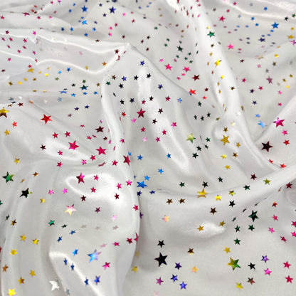 FS594 Multi Star Foil | Fabric | Animal, blue, drape, elastane, Fabric, fashion fabric, Foil, FS580, jersey, Leopard, Limited, making, Pink, Polyester, purple, Rainbow, Satin, sewing, Skirt, STar, Stars, Stretchy, Watercolour | Fabric Styles