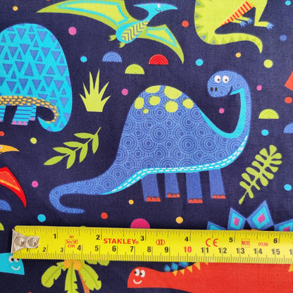 FS625 Dino World Navy Cotton | Fabric | Animal, Black, blue, Children, Cotton, Denim, Dino, Dinosaur, drape, Fabric, fashion fabric, Kids, Light blue, making, sewing, Skirt, Yellow | Fabric Styles