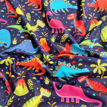 FS625 Dino World Navy Cotton | Fabric | Animal, Black, blue, Children, Cotton, Denim, Dino, Dinosaur, drape, Fabric, fashion fabric, Kids, Light blue, making, sewing, Skirt, Yellow | Fabric Styles