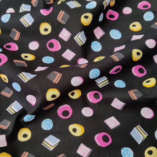 FS656 Liquorice Allsorts Sweets Cotton Fabric Black | Fabric | Black, blue, celebration, Cotton, Denim, drape, Fabric, fashion fabric, grey, licensed, Liquorice, making, sewing, Skirt, wedding, wedding theme | Fabric Styles