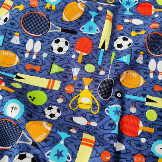 FS658 Sports Day | Fabric | blue, celebration, children's, Cotton, Denim, drape, Fabric, fashion fabric, football, gorillas, grey, kid, kids, licensed, Light blue, making, rugby, sewing, Skirt, sports, Sports day | Fabric Styles