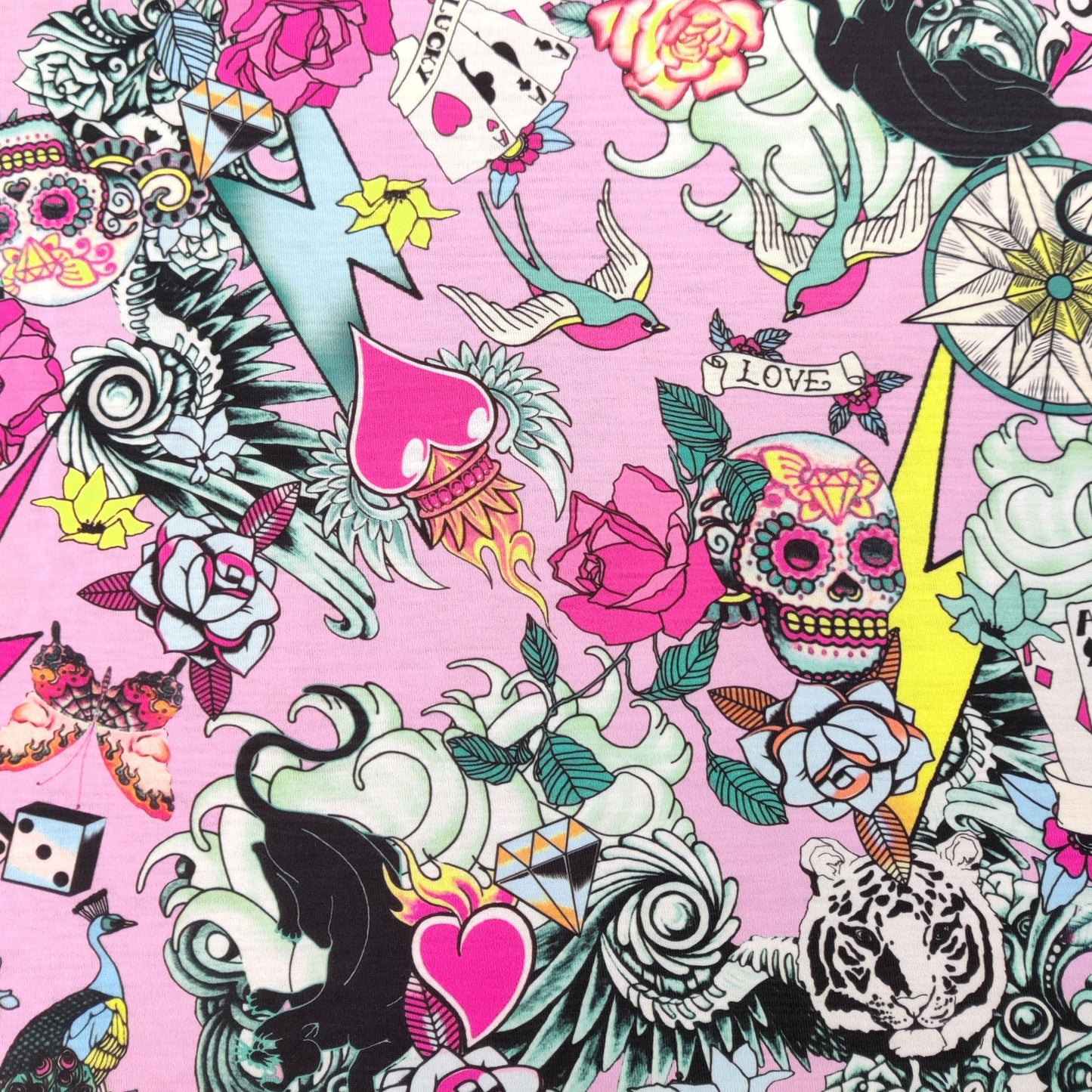 FS117 Floral Tattoo Vintage Cards Spun Polyester Jersey Knit Stretch Fabric Black | Fabric | Ace, Cards, drape, Fabric, fashion fabric, Floral, Hearts, Love, making, Pink, sewing, spun polyester, Spun Polyester Elastane, Valentine, Valentines, Vintage | Fabric Styles