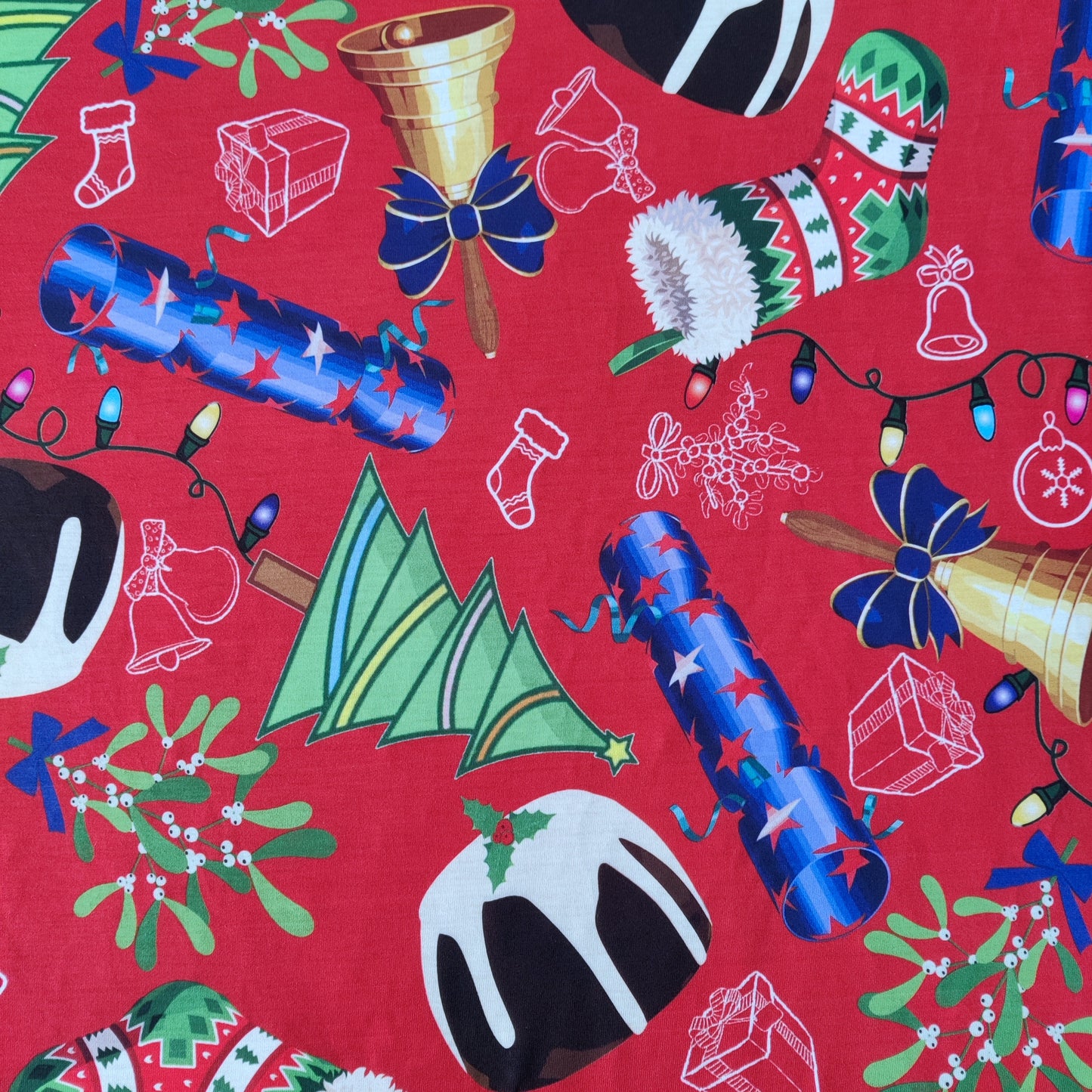 FS778 Christmas Pudding Spun Polyester Jersey Knit Stretch Fabric Red | Fabric | bauble, Baubles, Black, Candy Cane, Candy Stick, Christmas, christmas tree, Fabric, Gingerbread, Santa, Spun Polyester, Spun Polyester Elastane, Star, xmas | Fabric Styles